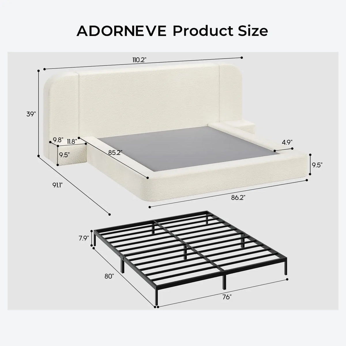 Upholstered King Bed Frame with Headboard & Nightstands, Beige, 110" Wide, 4.9" Foam, Noise-Free, No Box Spring, Customized