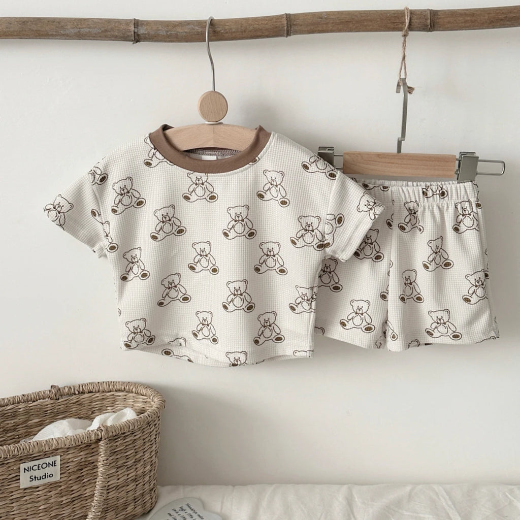 Toddler Bear Print T-Shirt + Shorts Two Piece Set Summer Boys Clothes Fashion Cartoon Cute Short Sleeve Suit