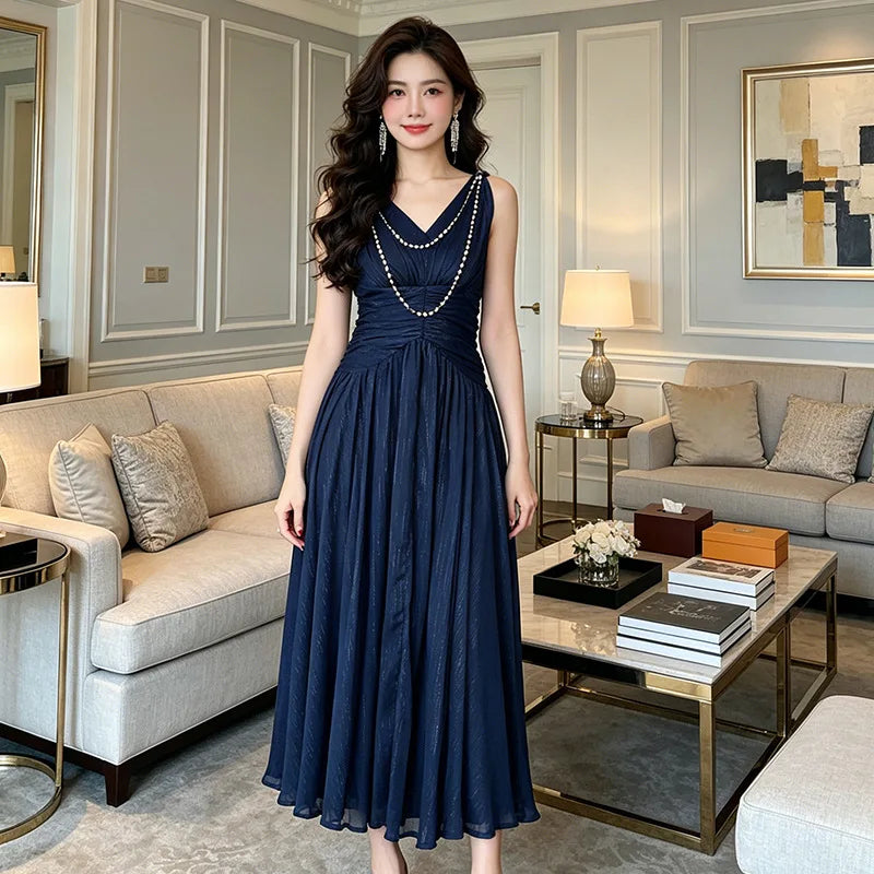 2026 Summer French Elegant Temperament Socialite V-neck Bead Chain Sleeveless High Waist A-line Banquet Evening Long Dress Women