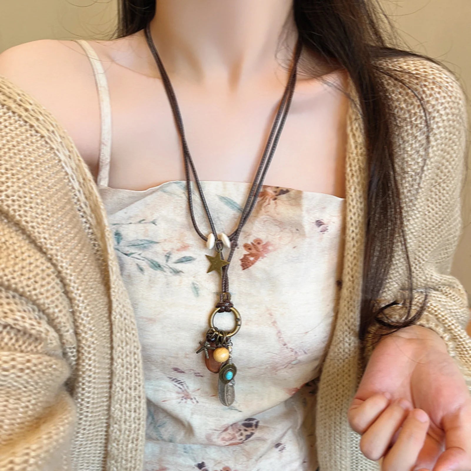 Trend Fine Jewelry Leaf Feather Pendant Rope Chain Bohemian Unisex Necklace For Women And Men