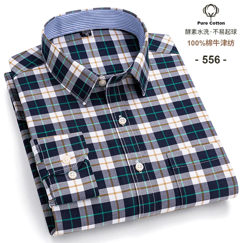Men's Long Sleeve Plaid Oxford Shirt - 100% Cotton Button-Down