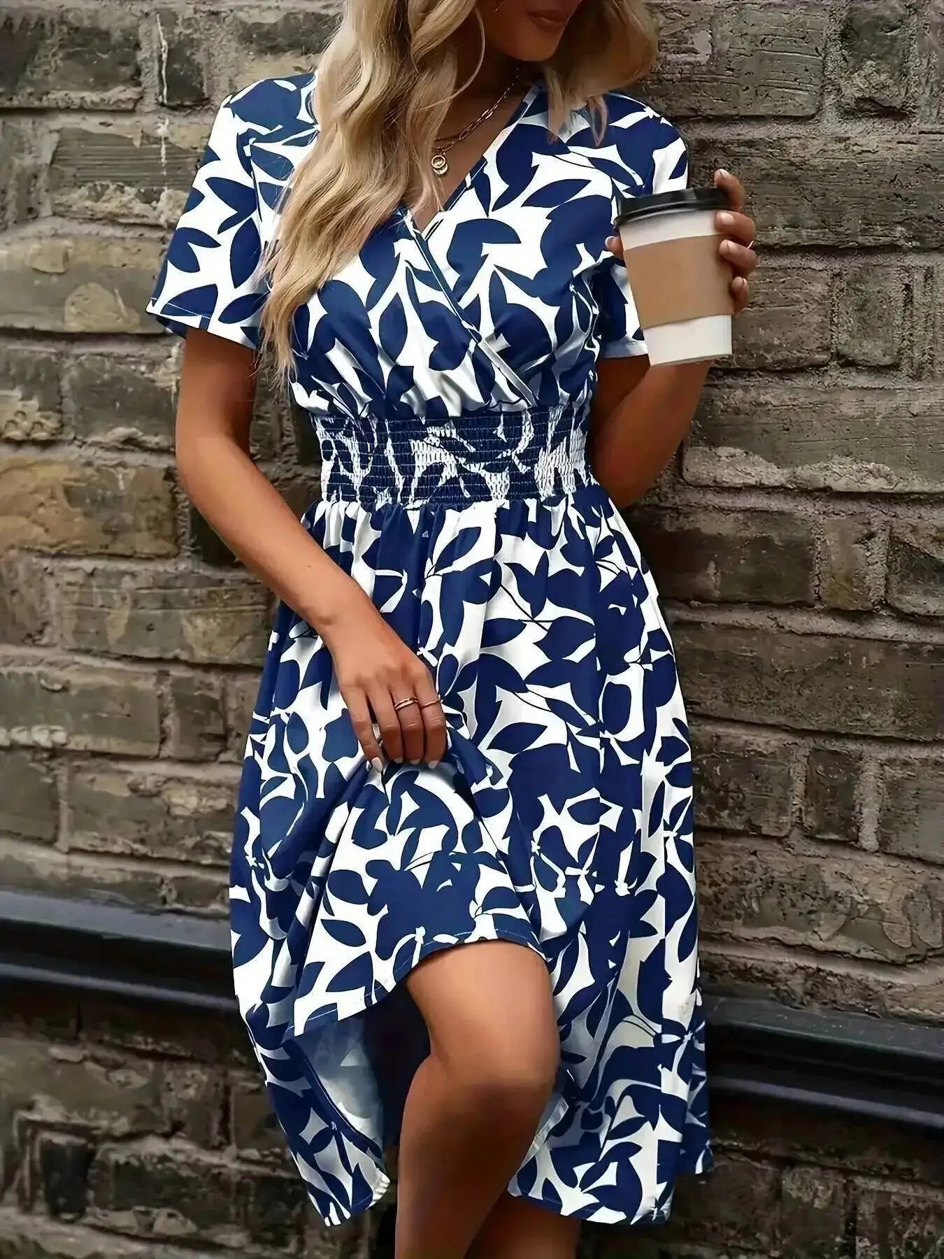 2026 European American New Spring Summer Short-Sleeved V Neck Leaf Floral Large Hem Skirt Waist Dress Dresses Tops 2KD7
