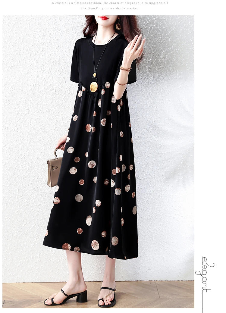 Summer New plus Size Polka Dot Dress Color Block Loose Fitting Slimming Effect Casual Commute Style Women's Dress