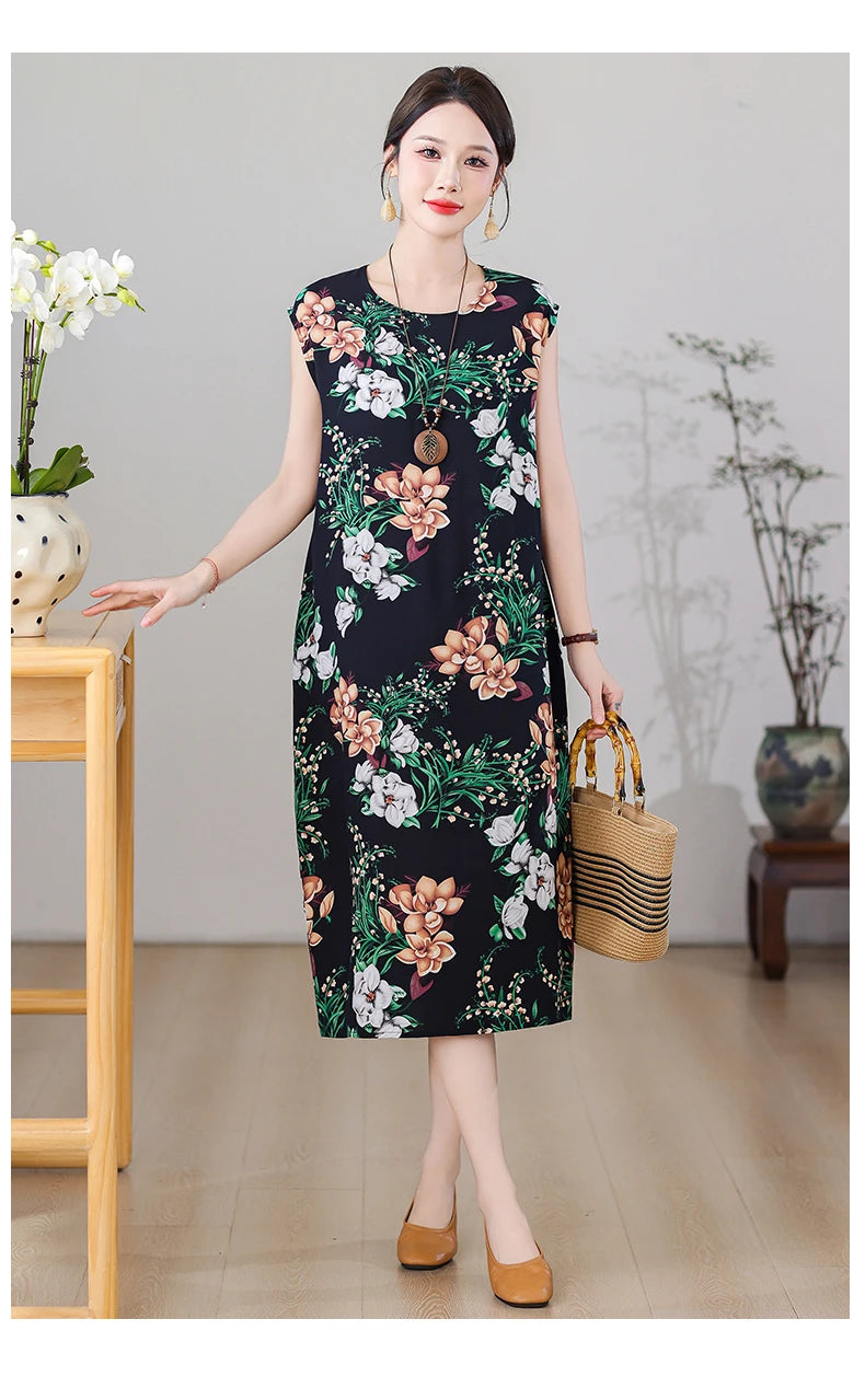 New Fashion Vintage Floral Print  Sleeveless Casual Party Femme Summer Dresses For Women 2025 O-neck Straight Women Clothing
