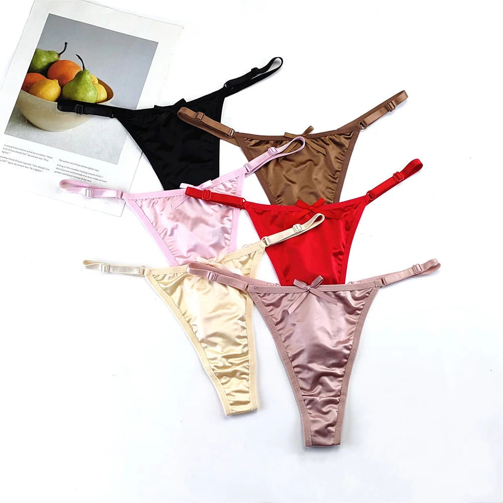 3PCS/Set Glossy Satin Pink Thong Adjustable Low Waist Women Smooth Silk G-string Sexy Plus Size Panty Set Underwear