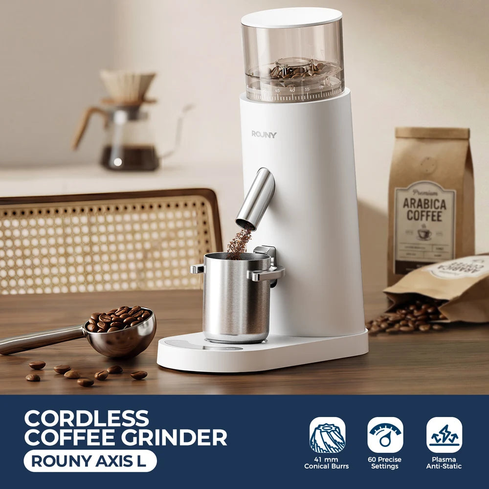 ROUNY Cordless Coffee Grinder, Rechargeable Electric Burr Grinder with Adjustable Grind, 80g Bean Hopper and 60g Dosing Cup