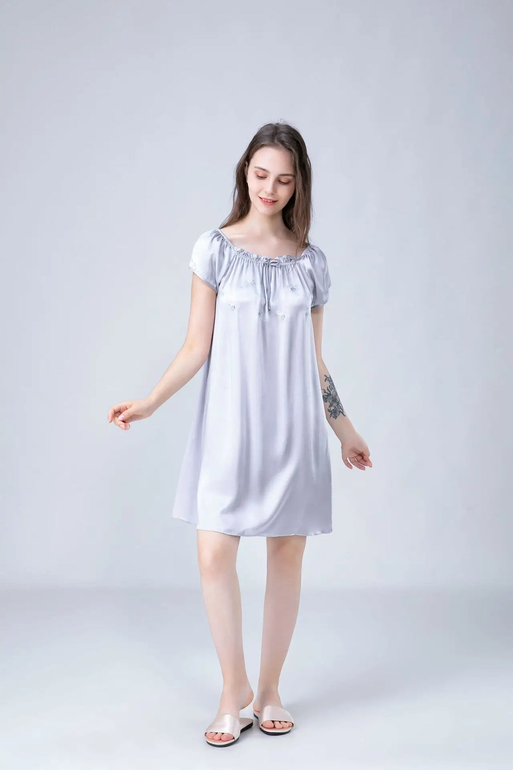 Women's 100% Mulberry Silk Sleep Dress Short Sleeve Summer Spring New Arrival Loose Solid Color Embroidered Doll Sleepwear