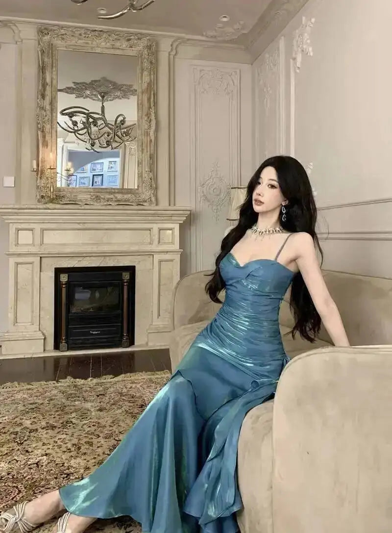 LGRQ 2026 Summer Blue Niche Strap Dress Fishtail Elegant Long Dresses Solid Color Female Elegant Party Gown 19DA2013