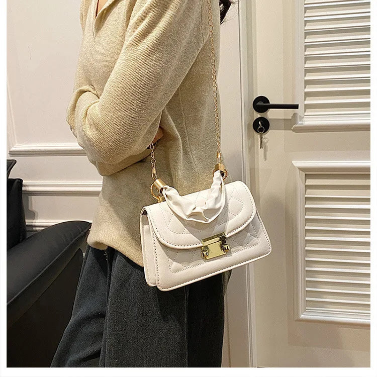Elegant Women Quilted Top Handle Bags with Gold Chain Strap Ruched Handbag Fashion Lock Crossbody Bag Chic Mini Shoulder Purse