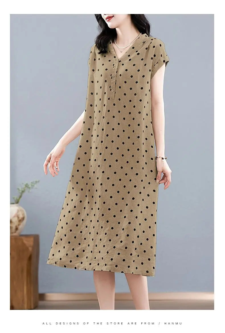 Cotton and Linen Dress French Polka Dot Print Fashion Long Skirt Summer New V-neck Casual Lace-up A-line Skirt