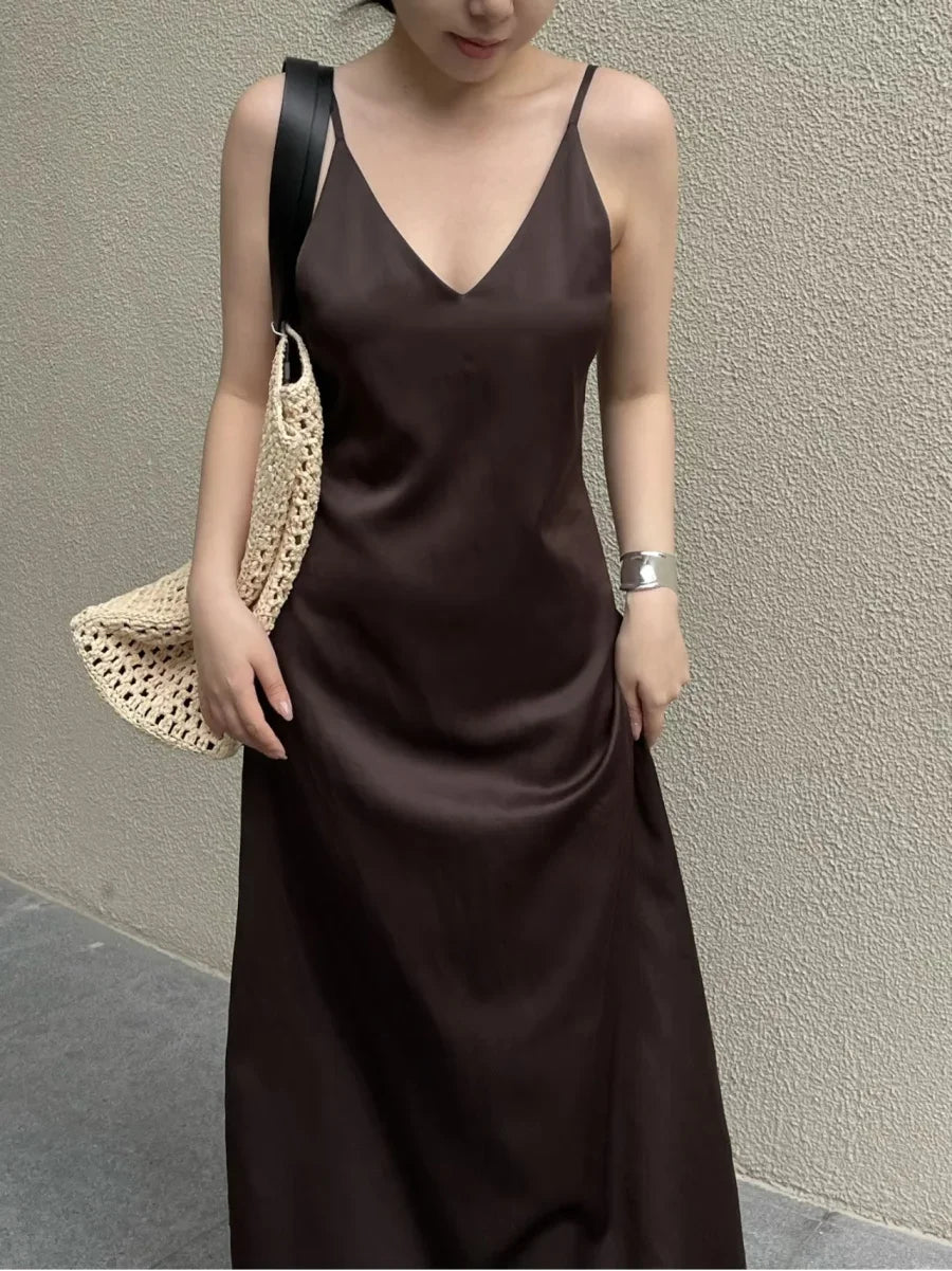 New Elegant women's fashion silk satin texture MIDI dress sexy backless party slip dress