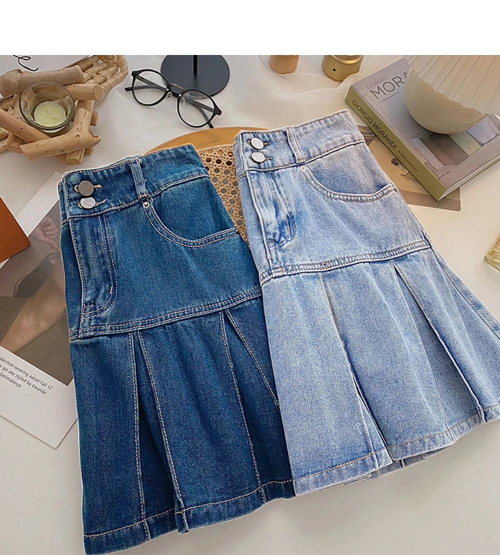 Women Pleated Denim Mini Skirt Summer High Waist Double Button Slim A-Line Skirts with Safety Shorts Y2K Style Party Wear Skirt