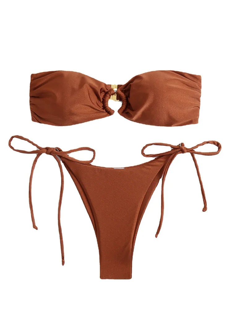 Women's Push-Up Bandeau Bikini Set – Solid Color Wire-Free Two-Piece Swimsuit