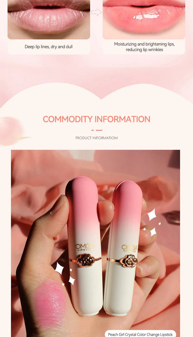 OMGA Color-Changing Lip Balm Jelly Lipstick Moisturizing Waterproof Hydrating Temperature-Sensitive Peach Flavor,Smooth Lips
