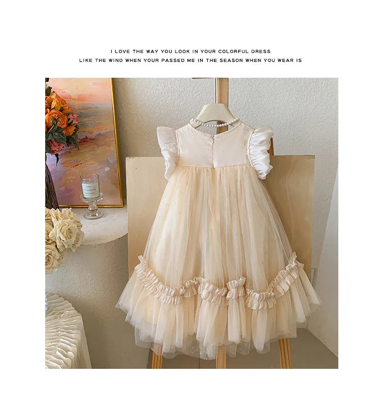 New Summer Kids Girls Lace Tulle Dress Fly Sleeve Ruffle Mesh Princess Gown Wedding Flower Girl Birthday Costume YF900