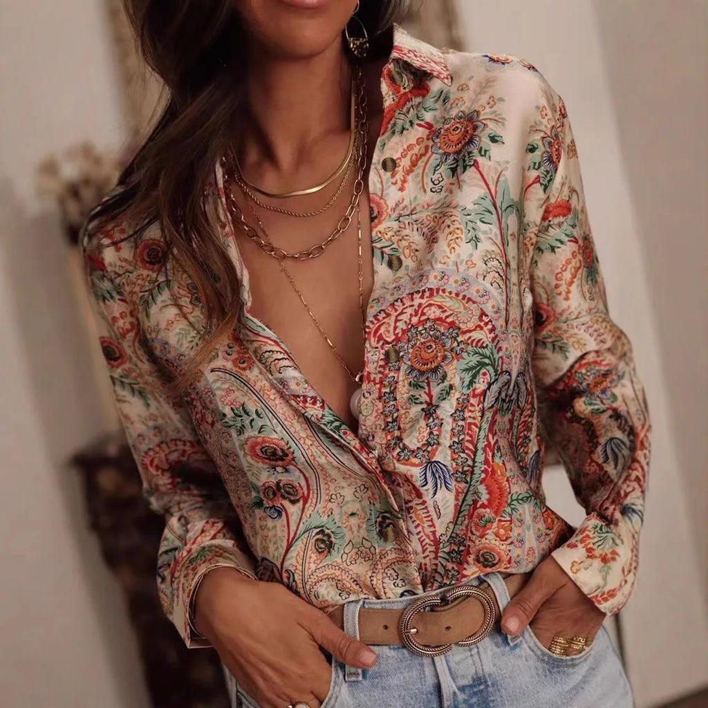 Women's Casual Printed Collar Shirt - Long Sleeve Loose Fit Top