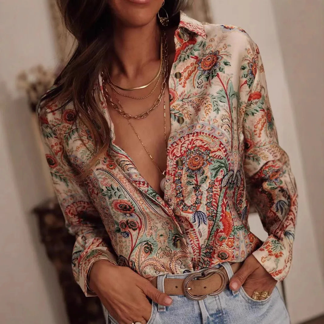 Women's Casual Printed Collar Shirt - Long Sleeve Loose Fit Top