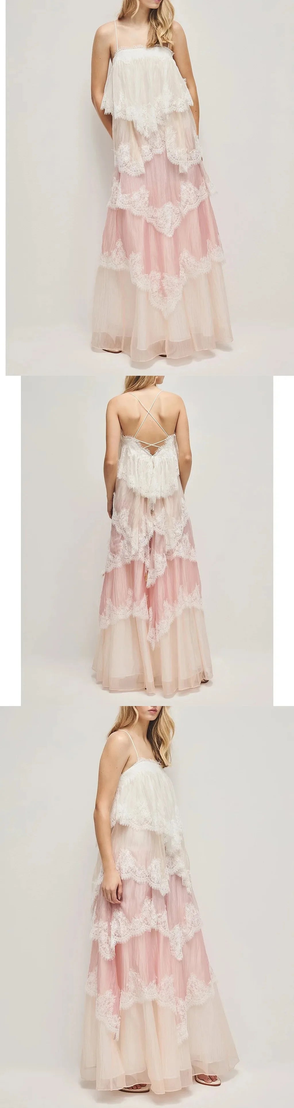French Vintage Lace Gradient Camisole Long Dress Spring Summer Floral Maxi Dress Elegant Layered Ruffle Dress