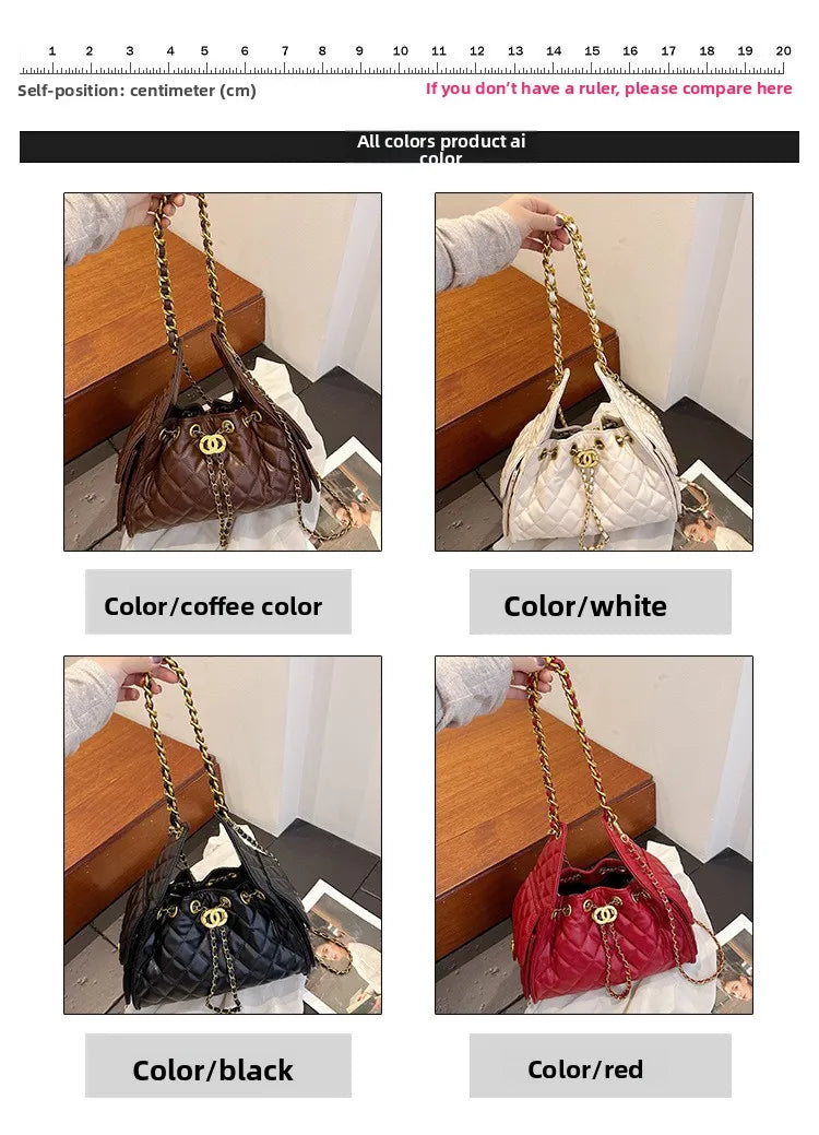 Quilted shoulder underarm bag, large-capacity hobo bag, bucket drawstring chain crossbody bag, women's handbag