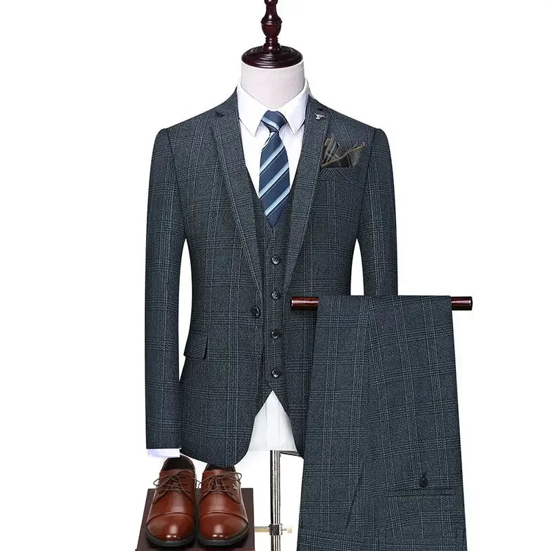 Linen Suit (Blazer+ Vest+Pants) Men'S Fashion Hosts British Style Work Business Wedding Casual Art Style Elegant Gentleman Suit