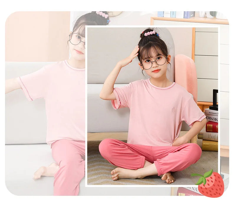 Teenage Boy Pajamas Summer Girl Short Sleeve Children's Clothing Sleepwear Silk Cotton Pyjamas Sets For Kids 4 8 9 12 13 14Years