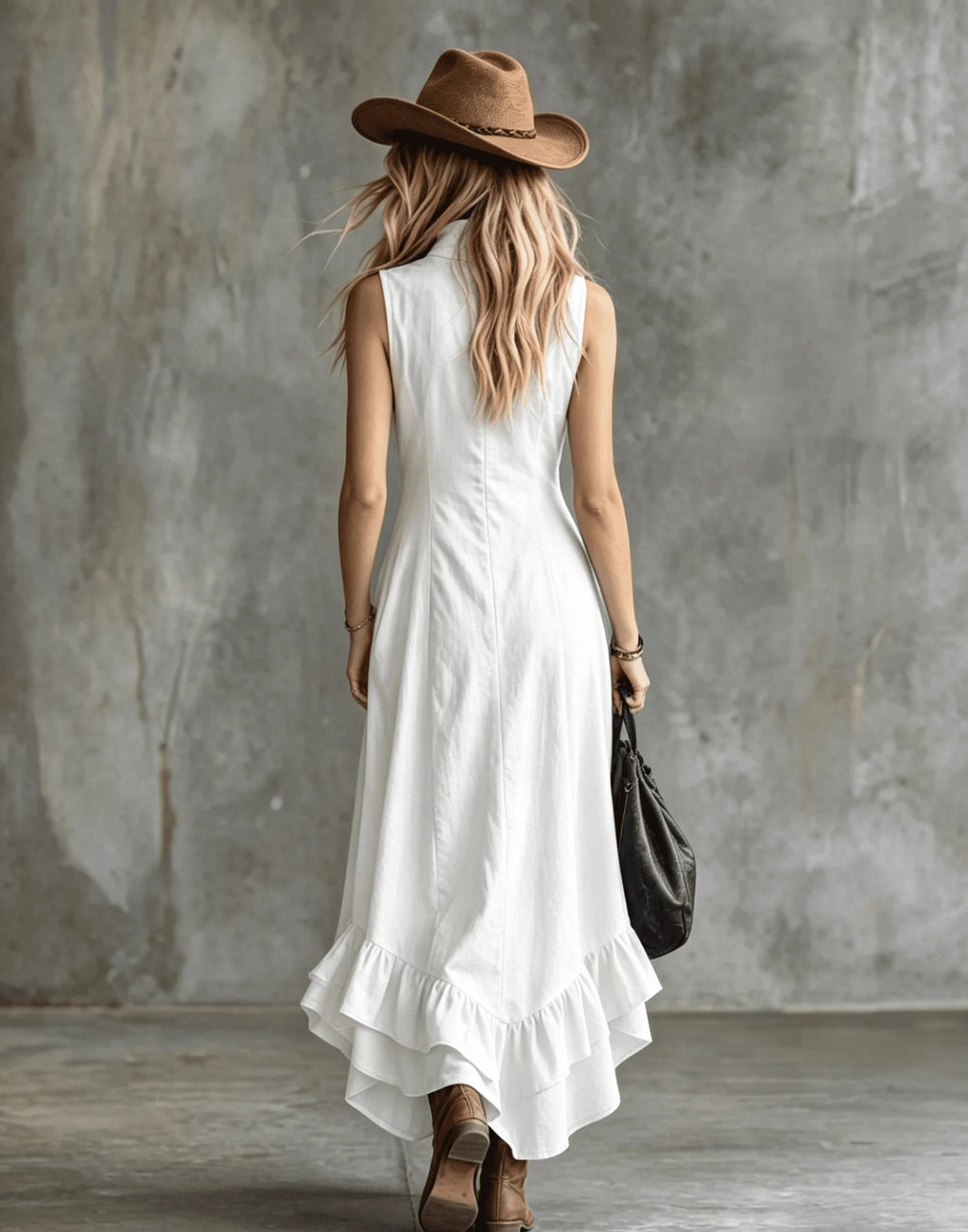 Women's Sleeveless Half Zip Maxi Dress Stand Collar High Low Ruffle Hem A-Line Long Dress with Pockets