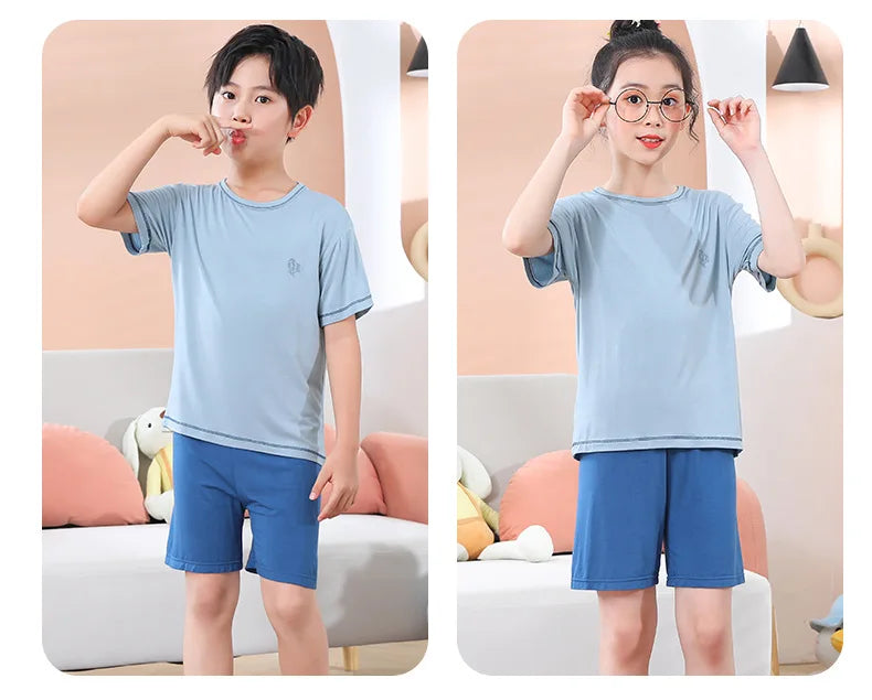 Teenage Boy Pajamas Summer Girl Short Sleeve Children's Clothing Sleepwear Silk Cotton Pyjamas Sets For Kids 4 8 9 12 13 14Years