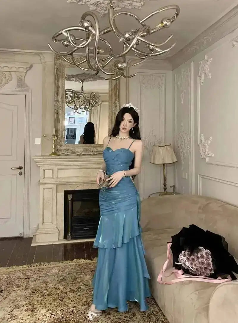 LGRQ 2026 Summer Blue Niche Strap Dress Fishtail Elegant Long Dresses Solid Color Female Elegant Party Gown 19DA2013