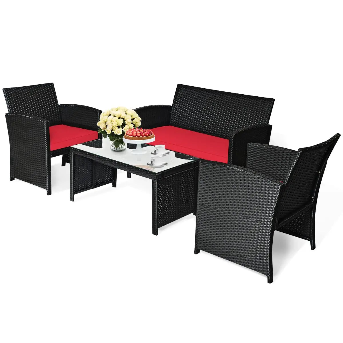 4-Piece Rattan Wicker Patio Furniture Set with Cushions and Table