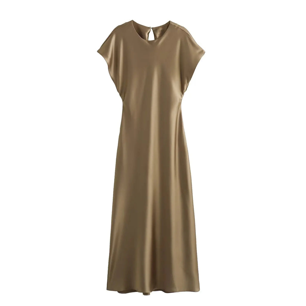 Woman Satin Midi Dress Summer Female Solid Fashion Elegant Long Dresses Lady Chic Short Sleeve O-Neck Evening Party Dress