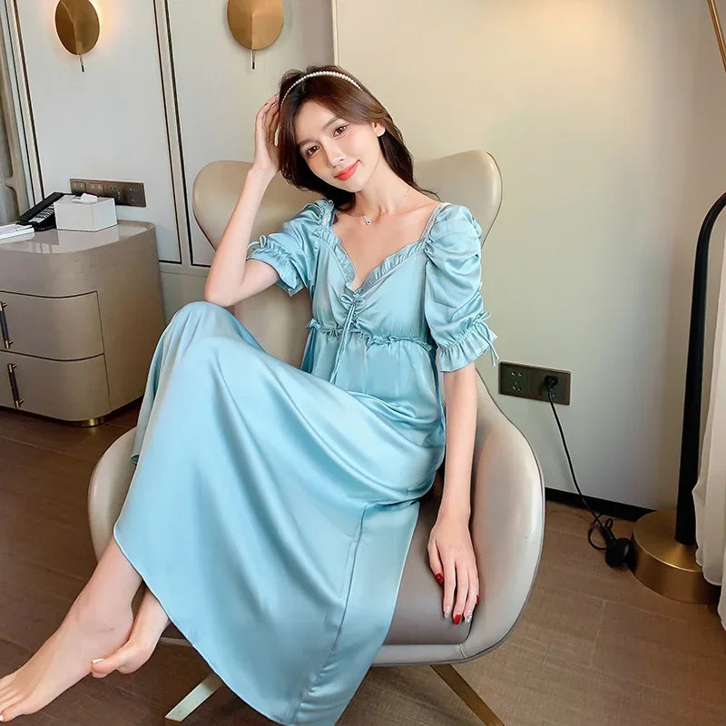 Satin Long Nightgown Women Sweet Lovely French Sleepwear Retro Silk Short Sleeve Sleepshirt Ladies Fashion Nightdress Home Dress