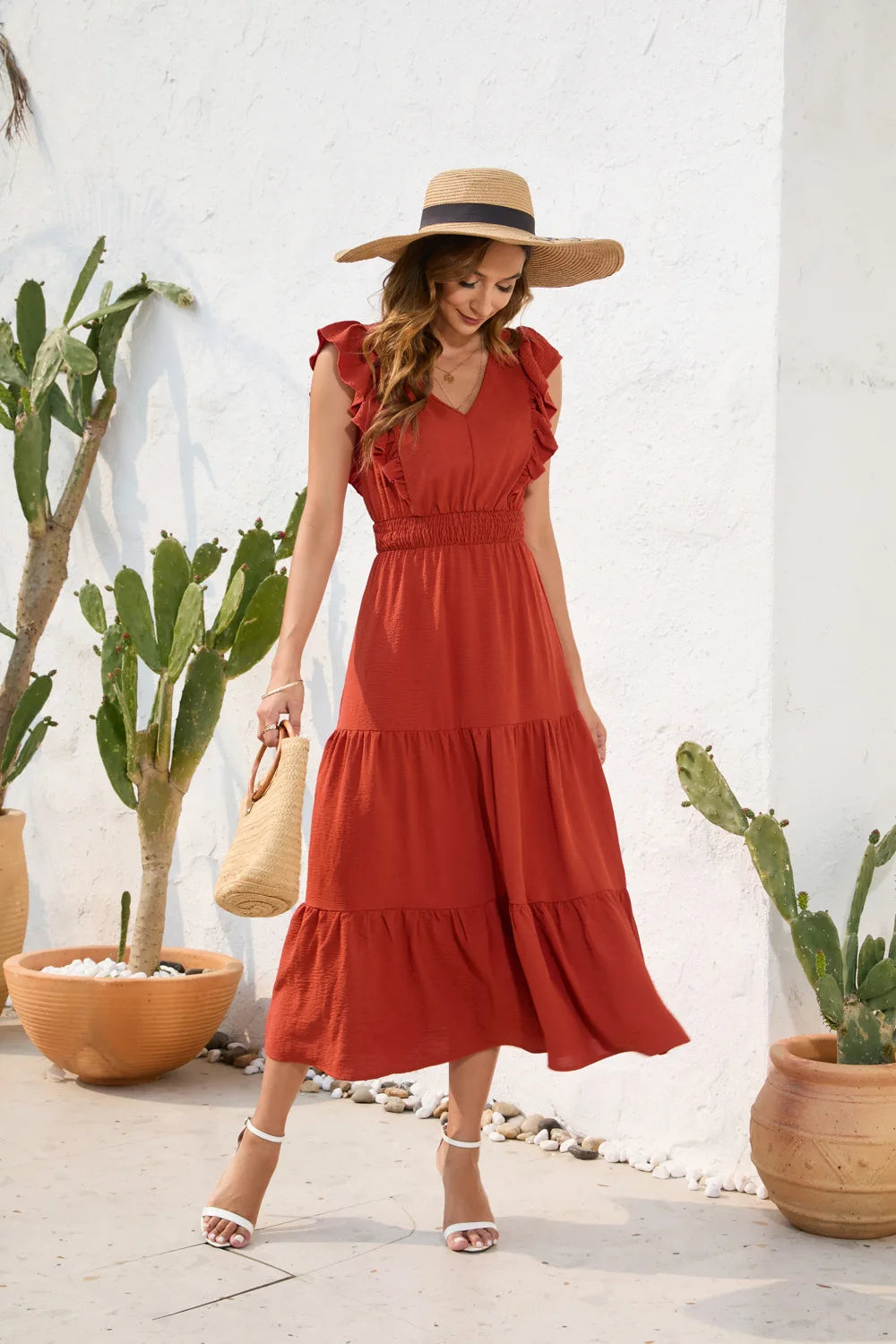 VigoCasey 2026 Summer Female Solid Long Dress Women Sexy Ruffle Sleeveless V Neck Long Dress Lady Casual High Waist Dresses