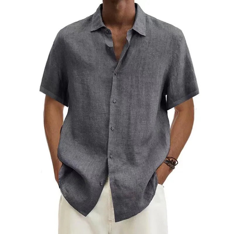 Men's Cotton Linen Button Short Sleeve Shirt Loose Fit Classic Collar Trendy Casual Summer Fashion Pure Color Youth Clothing