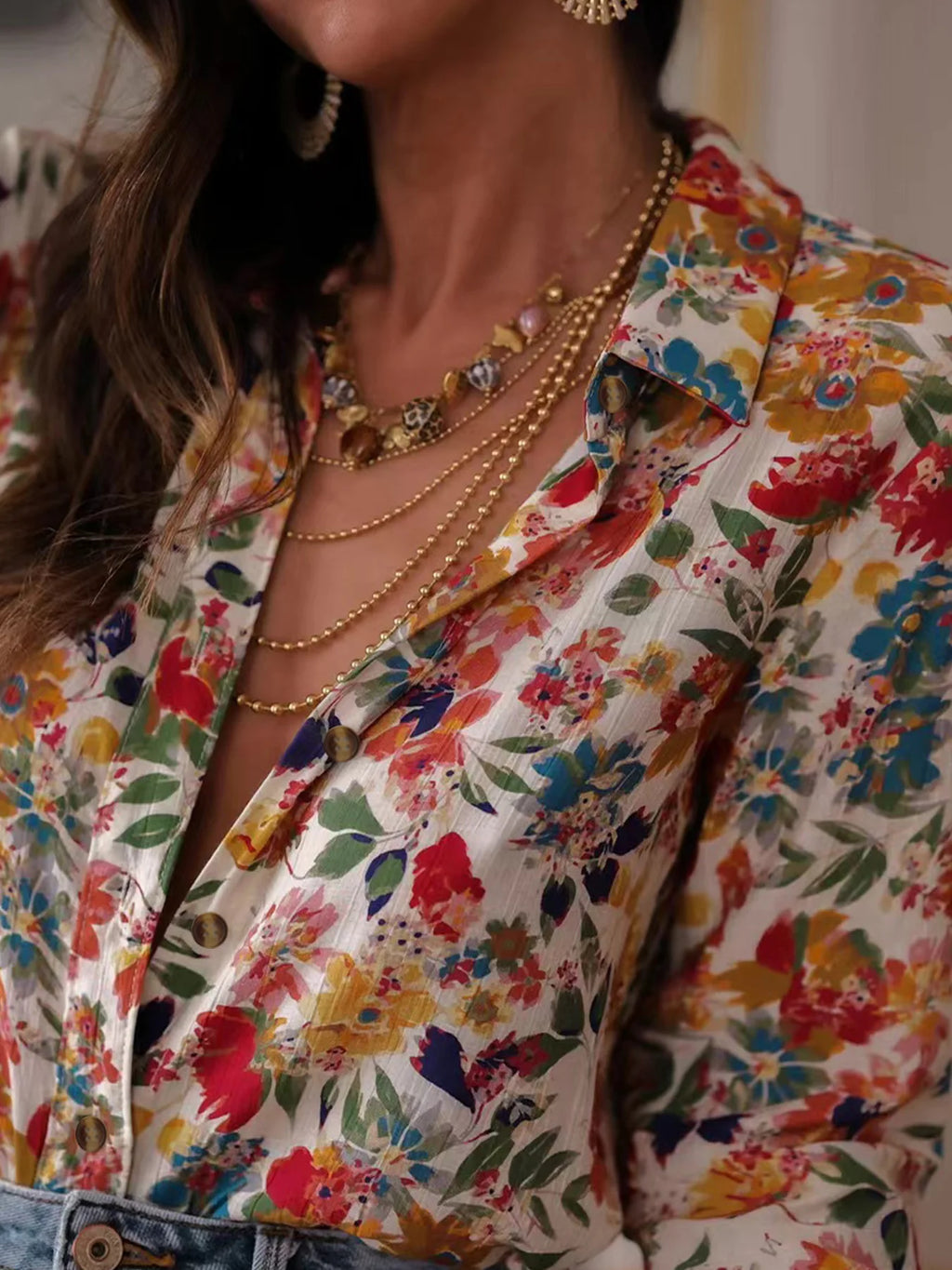 Women's Casual Printed Collar Shirt - Long Sleeve Loose Fit Top