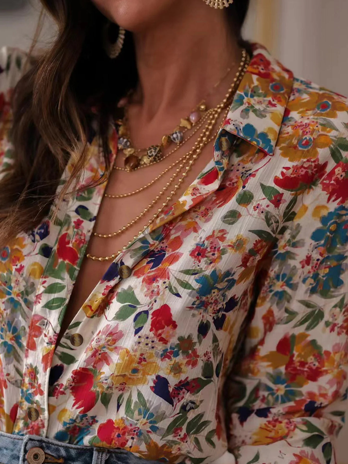 Women's Casual Printed Collar Shirt - Long Sleeve Loose Fit Top