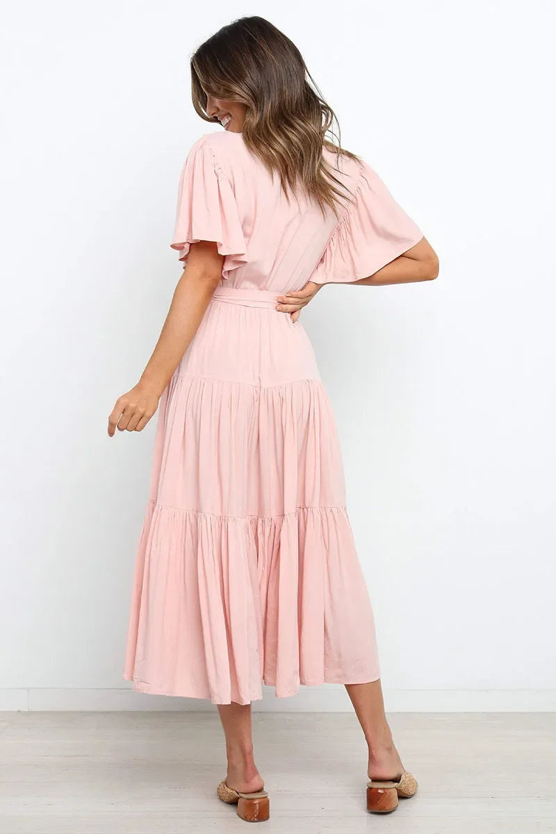 Summer Bohemian Long Dress Pure Color V-Neck Short Sleeve Empire Waist Design Floor Length with Belt Loose Fit Women's Dress