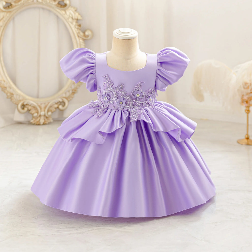 HETISO Baby Girls Appliques Flower Solid Satin Princess Fashion Dresses Ball Gown for Party Birthday New Year 6M-4 Years