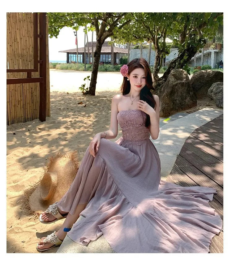 Slimming Dry Rose Splicing Tube Top Beach Dress Women's Style Long A-Line Skirt High Waist No Sleeve Shoulderless Polyester