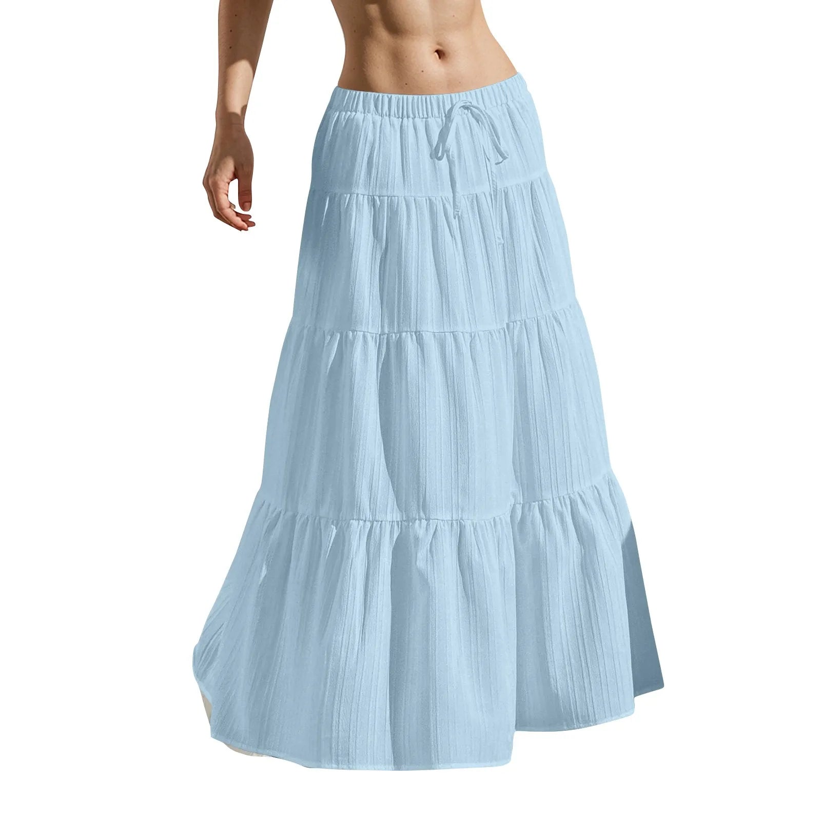 Women's Flared Ruffle Hem Maxi Skirt Fashion Women Solid Long Skirts Elastic Waist Elegant Long Skirt Spring Summer Cake Dress