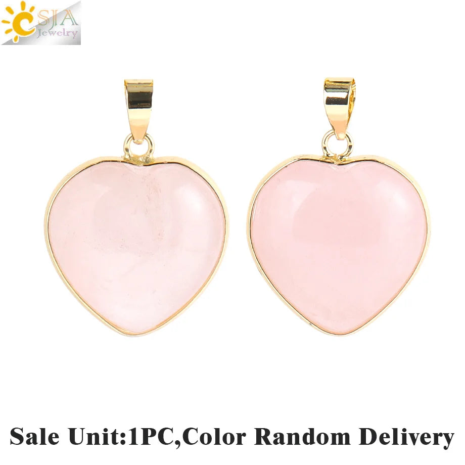 Csja Collar Corazón de Cristal para Mujer, Curativo, Cuarzo Rosa, Amatista, Colgante de Piedra Natural