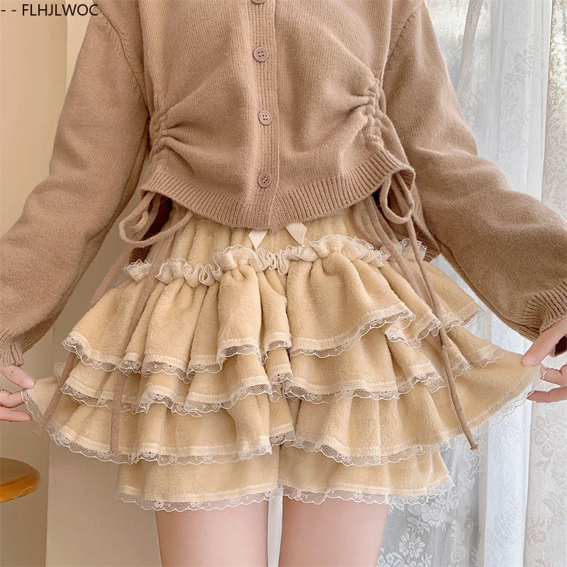 Autumn Velvet Bloomers Lolita Style Girls Cute Japan Sexy Lace Date Princess Pink Layer Puff Shorts Ruffles Lantern Small Pants