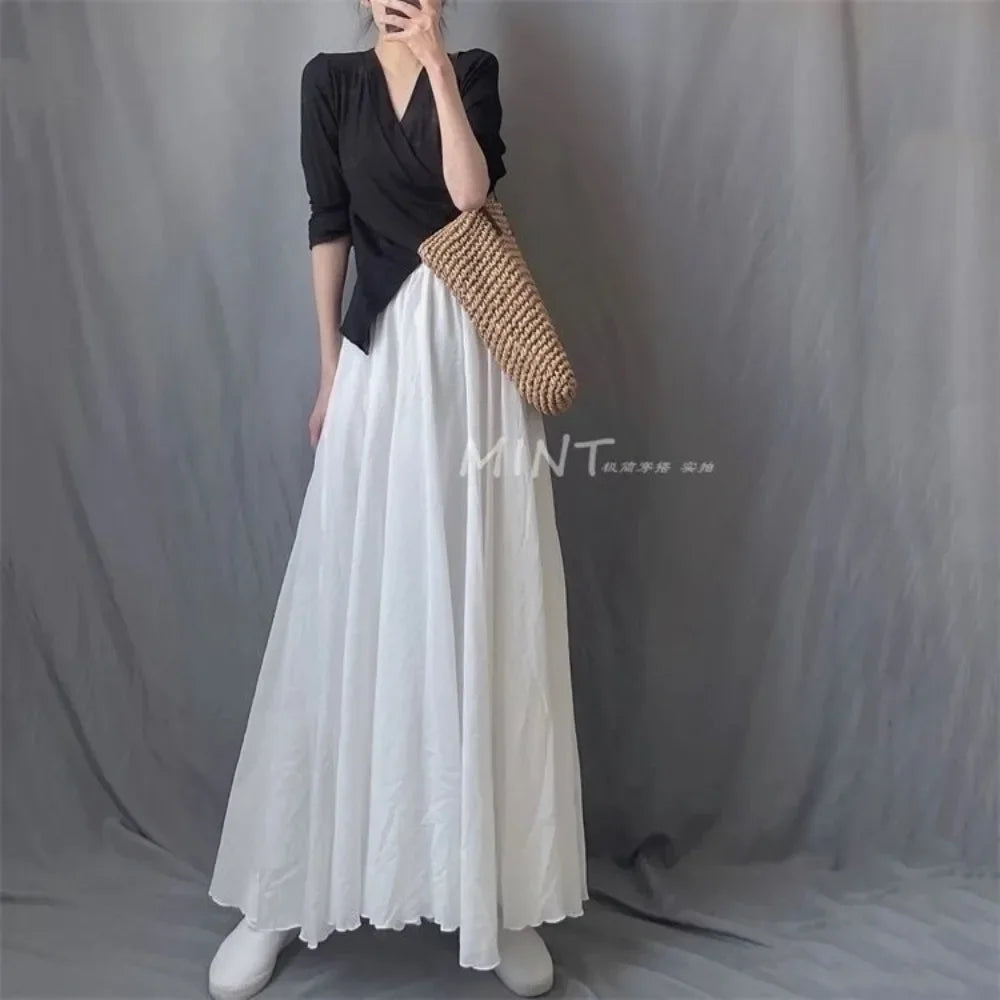 High Quality Cotton Linen Maxi Skirt Women Casual Elastic High Waist Pleated A-Line Beach Skirts Boho Saia Feminina Faldas Jupe
