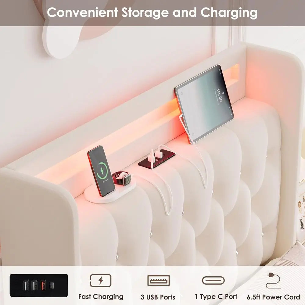HIIT ull LED Bed e with Charging Station and 2 Storage Ders, Velvet Upholstered Platorm Bed with Handcrated Crystal Button Wingb