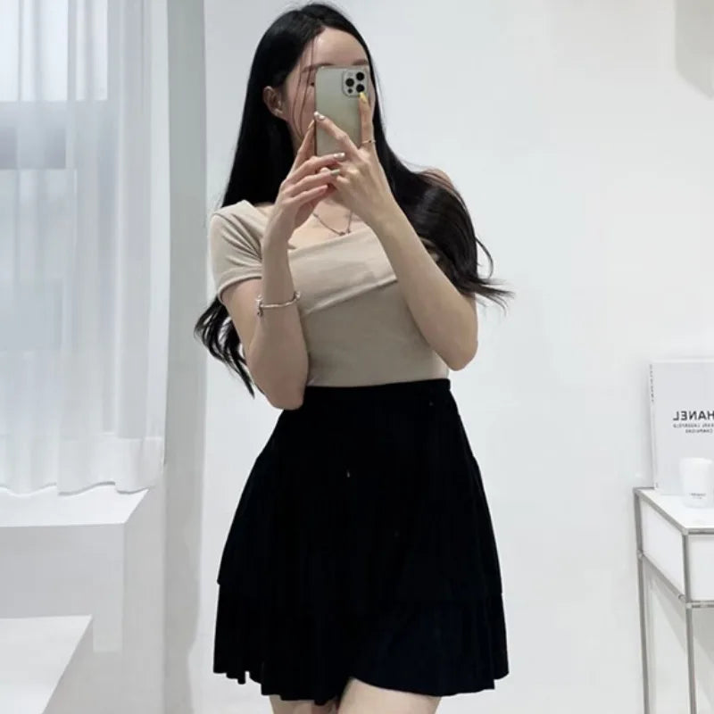 Slim Fit Short Sleeve T-Shirt Women's Summer Sexy Pure Desire Diagonal Collar Flip  Korean Style Commute Pure Color Top