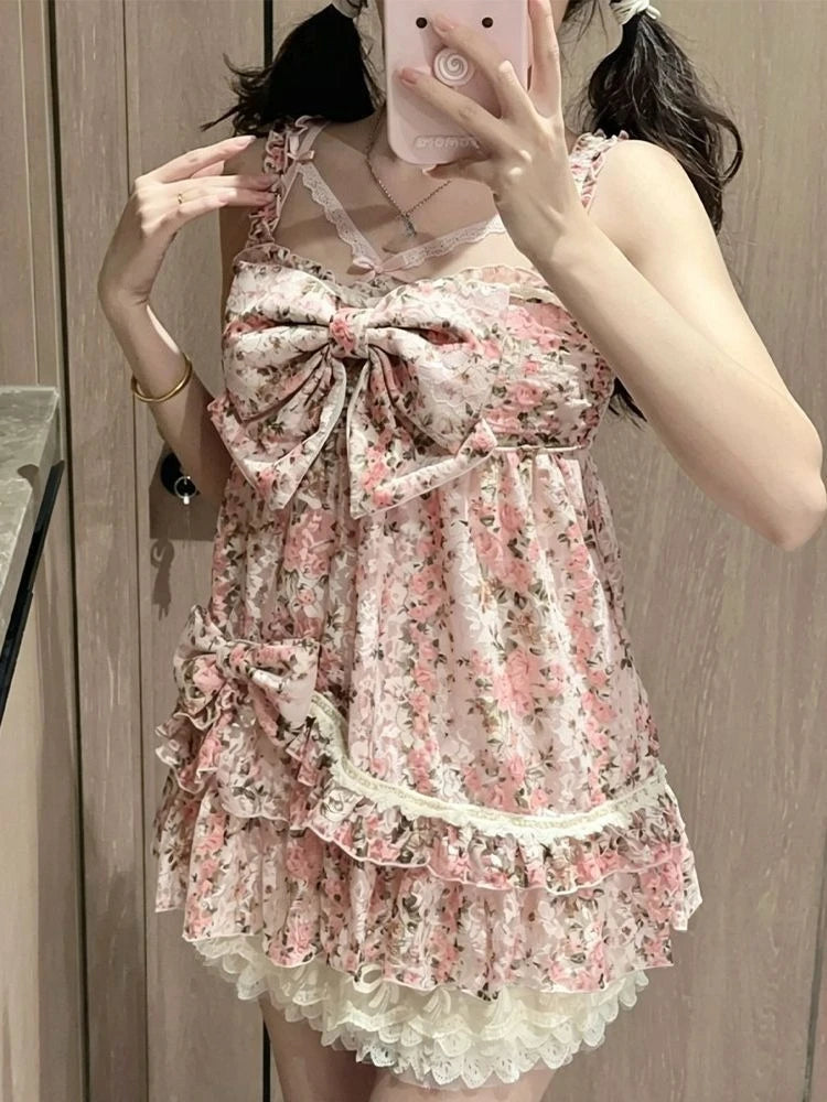 New Summer Vintage Sweet Elegant Women Dress Design Y2k Floral Print Chic Strap Mini Dresses Fashion Lace Korean Popular Clothes