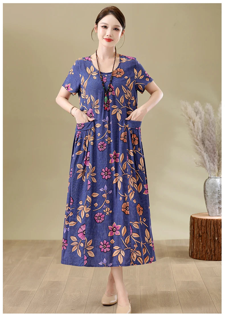 New Fashion Casual Summer Dresses For Women 2026 Loose Plus Size Clothes Elegant printting O-neck Short Sleeve Woman Clothing
