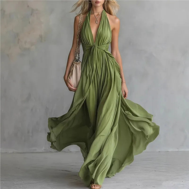 Elegant Summer Fashion Solid Sleeveless Flowy Maxi Dress Boho Casual Holiday Dress Women's Sexy Deep V-neck Lace-up Long Dresses