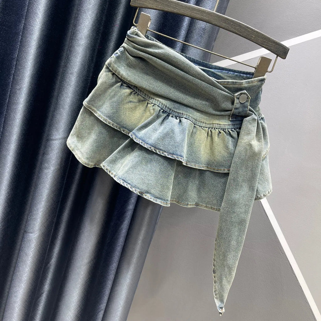 2026 Autumn New Spice Girl Retro Denim Cake Skirt, Women's High Waist Layered Ruffle Leaf Edge Mini Skirt, Blue Black Faldas