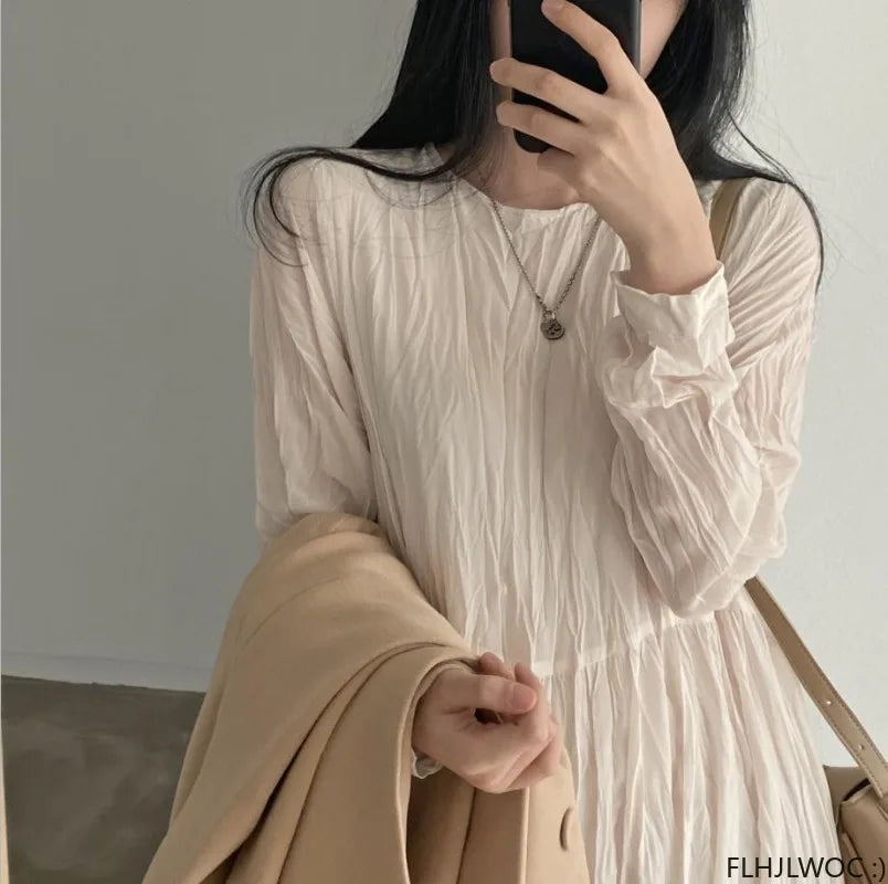 Autumn Spring Wrinkle Loose Dresses New Hot Women Cute Japan Style Retro Vintage Girls Holiday Casual Solid Apricot White Dress