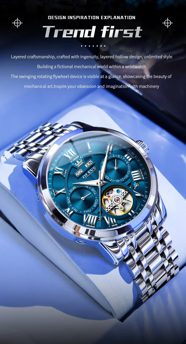 OLEVS 6668 Original Men's Watch Multifunctional Skeleton Waterproof Stainless steel Strap Business Automatic Mechanical Watches